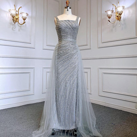 Sexy Silver Mermaid Detachable Skirt Beaded Luxury  Arabic Evening Dresses Gowns 2025 For Women Party LA71618