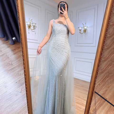 Sexy Silver Mermaid Detachable Skirt Beaded Luxury  Arabic Evening Dresses Gowns 2025 For Women Party LA71618
