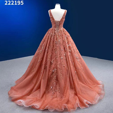 Sexy Sleeveless V Neck Orange Appliques Beaded Lace Up Bride Gowns Wedding Dress 2025 High End Custom Made HM222195