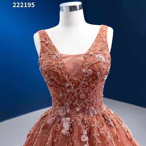 Sexy Sleeveless V Neck Orange Appliques Beaded Lace Up Bride Gowns Wedding Dress 2025 High End Custom Made HM222195