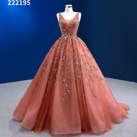 Sexy Sleeveless V Neck Orange Appliques Beaded Lace Up Bride Gowns Wedding Dress 2025 High End Custom Made HM222195