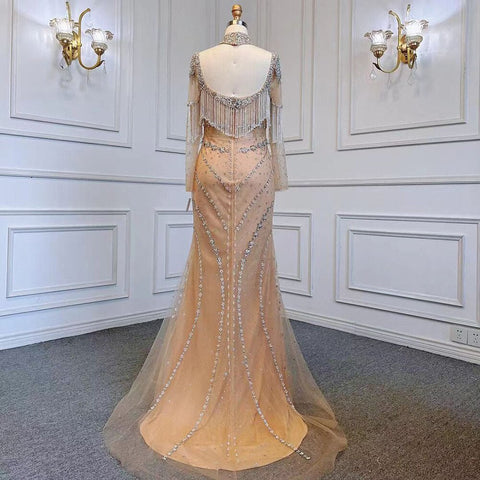 Sexy Sliver Nude Mermaid Elegant Arabic Full Sleeve Evening Dresses Gowns Luxury Tassel Beaded 2025  Party LA71716