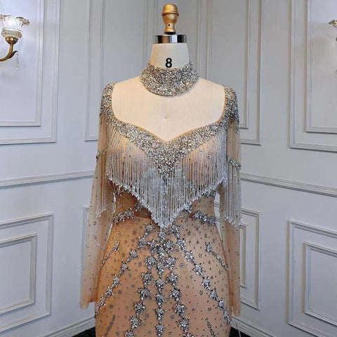 Sexy Sliver Nude Mermaid Elegant Arabic Full Sleeve Evening Dresses Gowns Luxury Tassel Beaded 2025  Party LA71716