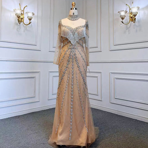 Sexy Sliver Nude Mermaid Elegant Arabic Full Sleeve Evening Dresses Gowns Luxury Tassel Beaded 2025  Party LA71716