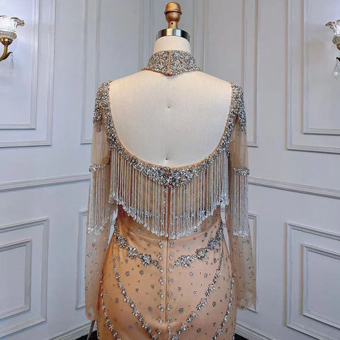 Sexy Sliver Nude Mermaid Elegant Arabic Full Sleeve Evening Dresses Gowns Luxury Tassel Beaded 2025  Party LA71716