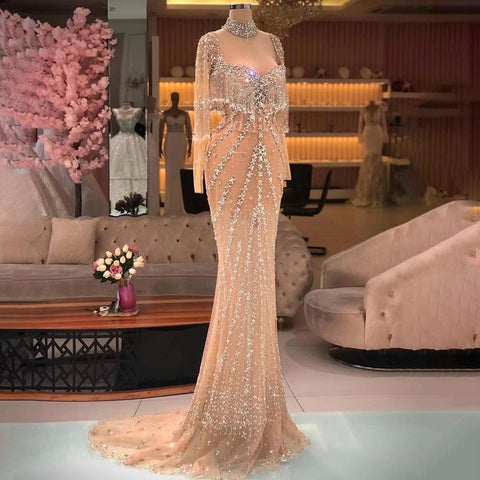 Sexy Sliver Nude Mermaid Elegant Arabic Full Sleeve Evening Dresses Gowns Luxury Tassel Beaded 2025  Party LA71716