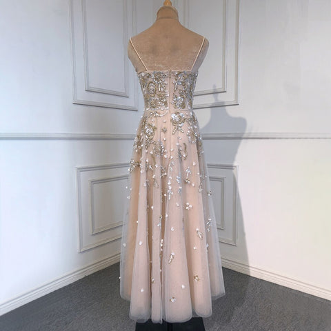 Sexy Spaghetti Straps Beaded Luxury Nude A Line Evening Dresses Arabic Off Shoulder Gown For Party LA71733