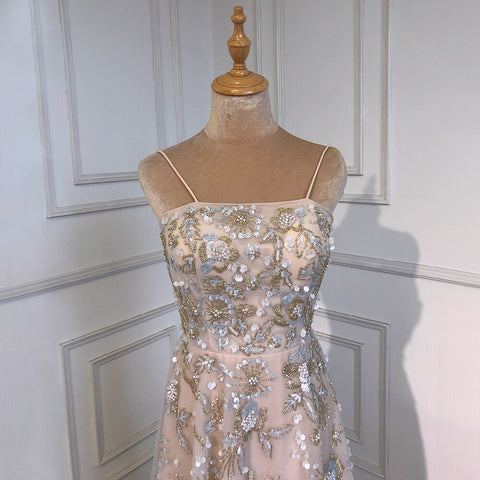 Sexy Spaghetti Straps Beaded Luxury Nude A Line Evening Dresses Arabic Off Shoulder Gown For Party LA71733