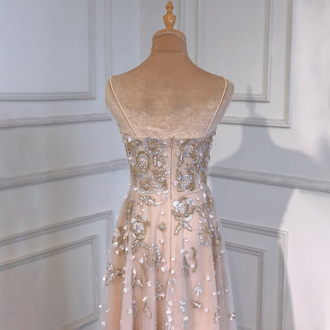 Sexy Spaghetti Straps Beaded Luxury Nude A Line Evening Dresses Arabic Off Shoulder Gown For Party LA71733
