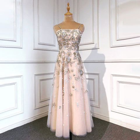 Sexy Spaghetti Straps Beaded Luxury Nude A Line Evening Dresses Arabic Off Shoulder Gown For Party LA71733