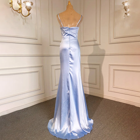 Sexy Spaghetti Straps Blue Mermaid Elegant Backless Satin Arabic Evening Dresses Gowns 2025 For Women Party LA71738