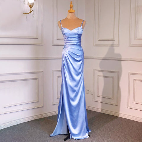 Sexy Spaghetti Straps Blue Mermaid Elegant Backless Satin Arabic Evening Dresses Gowns 2025 For Women Party LA71738