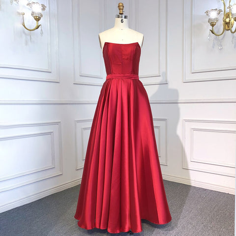 Sexy Strapless Red A Line Backless Satin Arabic Dubai Evening Dresses Gowns 2025 For Women Party LA71737