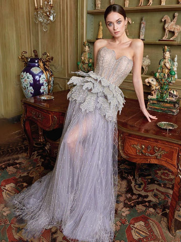 Sexy Sweetheart Strapless Silver A Line Luxury Crystal Evening Dresses Gowns 2025 For Women Wedding Party LA71647