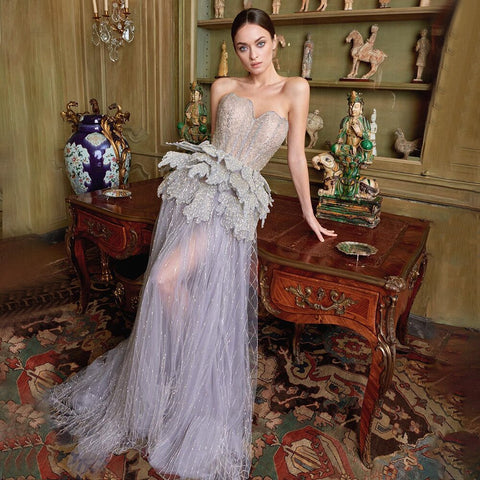 Sexy Sweetheart Strapless Silver A Line Luxury Crystal Evening Dresses Gowns 2025 For Women Wedding Party LA71647