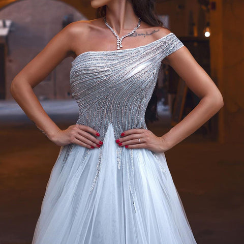 Robe de soirée asymétrique argentée, coupe trapèze, luxueuse, perlée, pour femme, modèle LA71672, 2025 