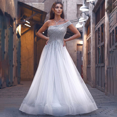 Robe de soirée asymétrique argentée, coupe trapèze, luxueuse, perlée, pour femme, modèle LA71672, 2025 