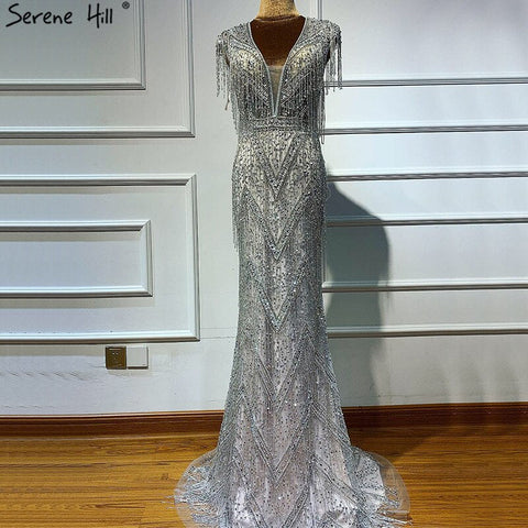 Silver Beading Tassel Luxury Evening Dresses Gowns 2025 Cap Sleeves Mermaid Elegant For Women Party LA60830
