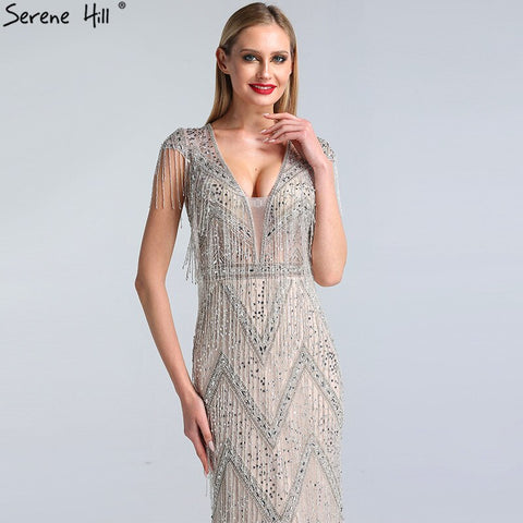 Silver Beading Tassel Luxury Evening Dresses Gowns 2025 Cap Sleeves Mermaid Elegant For Women Party LA60830