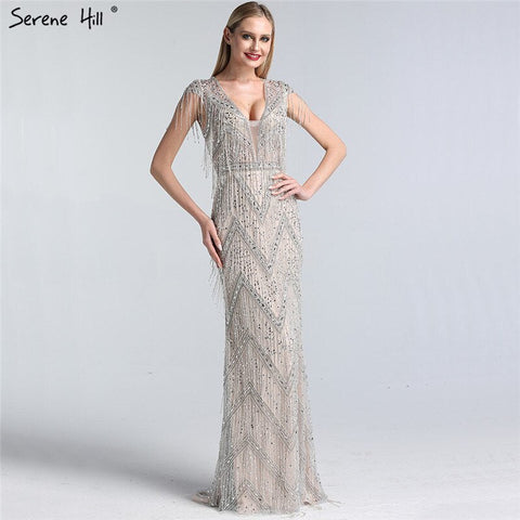 Silver Beading Tassel Luxury Evening Dresses Gowns 2025 Cap Sleeves Mermaid Elegant For Women Party LA60830