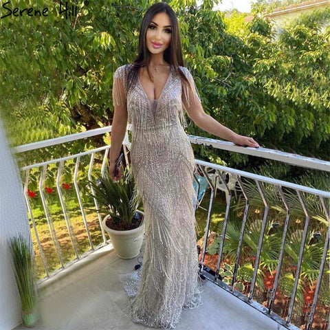 Silver Beading Tassel Luxury Evening Dresses Gowns 2025 Cap Sleeves Mermaid Elegant For Women Party LA60830