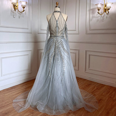 Silver Blue  A-Line Sexy Cape Sleeves Beaded Luxury Evening Dresses Gowns For Women Arabic Party 2025 LA71828