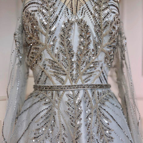 Silver Blue  A-Line Sexy Cape Sleeves Beaded Luxury Evening Dresses Gowns For Women Arabic Party 2025 LA71828