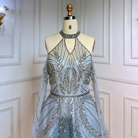 Silver Blue  A-Line Sexy Cape Sleeves Beaded Luxury Evening Dresses Gowns For Women Arabic Party 2025 LA71828