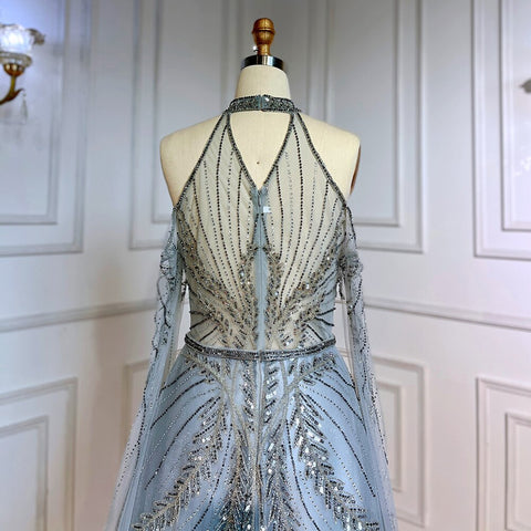 Silver Blue  A-Line Sexy Cape Sleeves Beaded Luxury Evening Dresses Gowns For Women Arabic Party 2025 LA71828