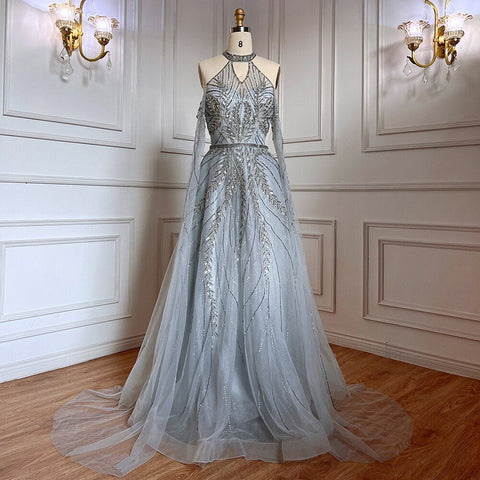Silver Blue  A-Line Sexy Cape Sleeves Beaded Luxury Evening Dresses Gowns For Women Arabic Party 2025 LA71828