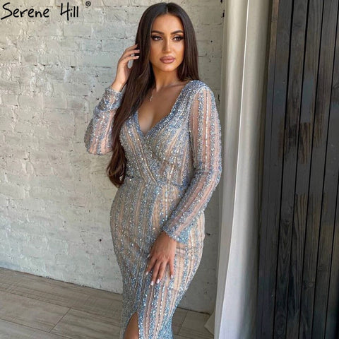Silver Blue Mermaid Split Evening Dresses Gowns 2025 Beaded Elegant Luxury For Women Party LA71392