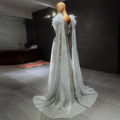 Vestidos de noche con mangas de capa plateadas, corte A, con cuentas y plumas, de lujo, para mujer, fiesta, LA71546 