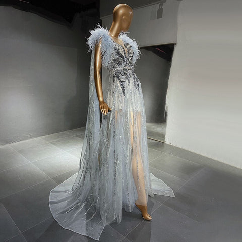 Vestidos de noche con mangas de capa plateadas, corte A, con cuentas y plumas, de lujo, para mujer, fiesta, LA71546 