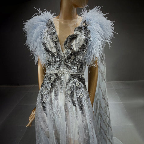 Vestidos de noche con mangas de capa plateadas, corte A, con cuentas y plumas, de lujo, para mujer, fiesta, LA71546 