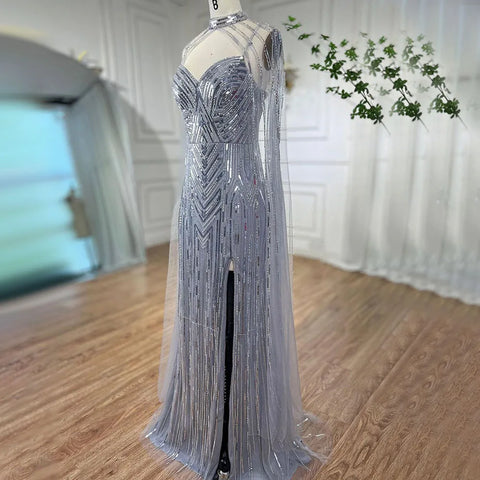 Silver Cape Sleeves Mermaid High Split Beaded Evening Dresses Long Celebrity Gowns For Woman Party 2025 LA72137