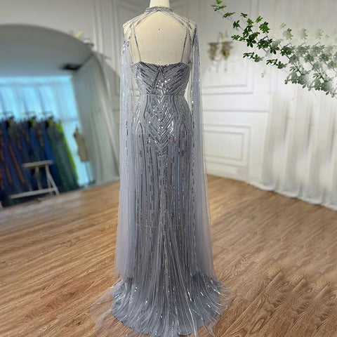 Silver Cape Sleeves Mermaid High Split Beaded Evening Dresses Long Celebrity Gowns For Woman Party 2025 LA72137