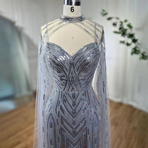 Silver Cape Sleeves Mermaid High Split Beaded Evening Dresses Long Celebrity Gowns For Woman Party 2025 LA72137