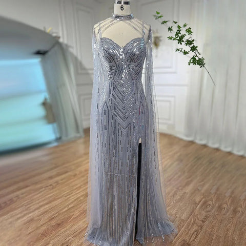 Silver Cape Sleeves Mermaid High Split Beaded Evening Dresses Long Celebrity Gowns For Woman Party 2025 LA72137