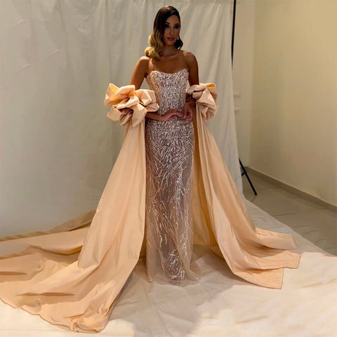 Silver Crystal Sexy Strapless Mermaid Sparkly Short Puff Sleeves Evening Dresses Gowns For Women Party 2025 LA71808