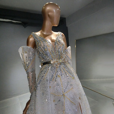 Silver Detachable Sleeves Evening Dresses Gowns 2025 Beaded Luxury A-Line For Women Party LA71534