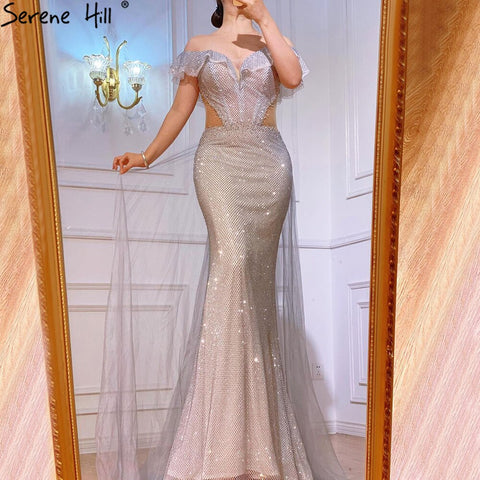Silver Detachable Train Evening Dresses Gowns 2025 Luxury Sparkle Mermaid For Wowmen Party LA70813