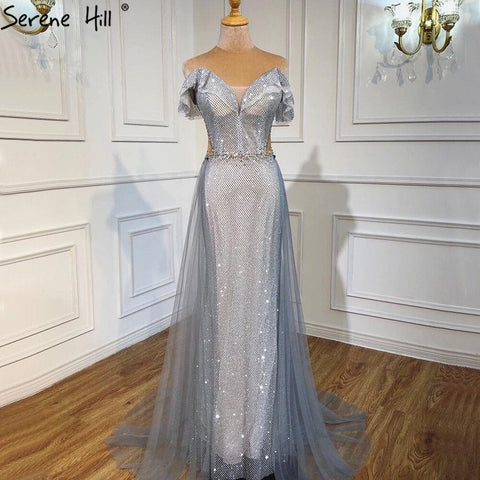 Silver Detachable Train Evening Dresses Gowns 2025 Luxury Sparkle Mermaid For Wowmen Party LA70813