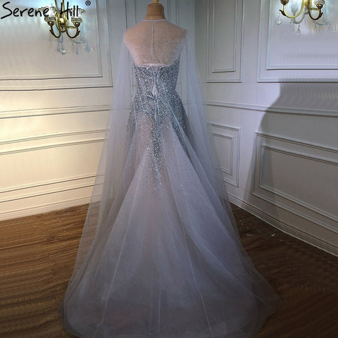 Silver Luxury A-Line Evening Dresses Gowns 2025 With Cape Beaded Sexy For Woman Party LA70644
