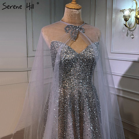 Silver Luxury A-Line Evening Dresses Gowns 2025 With Cape Beaded Sexy For Woman Party LA70644