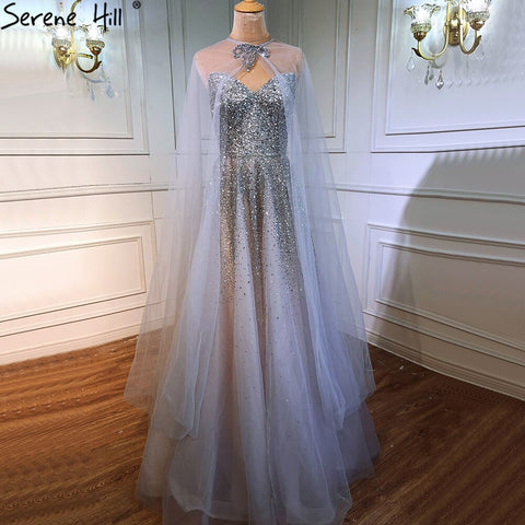 Silver Luxury A-Line Evening Dresses Gowns 2025 With Cape Beaded Sexy For Woman Party LA70644