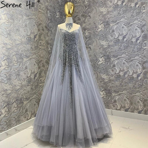 Silver Luxury A-Line Evening Dresses Gowns 2025 With Cape Beaded Sexy For Woman Party LA70644