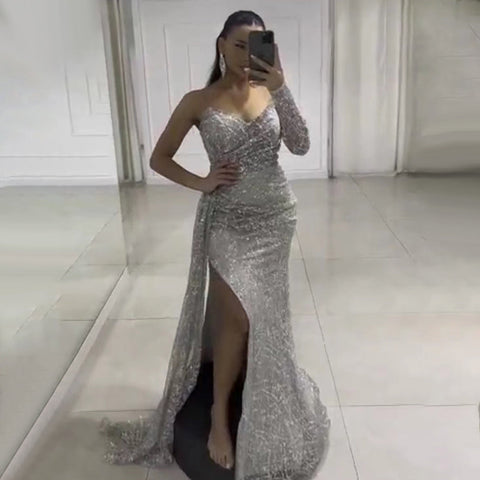 Silver Luxury One Shoulder Evening Dresses Gowns 2025 Beaded Elegant Mermaid For Women Party LA71662
