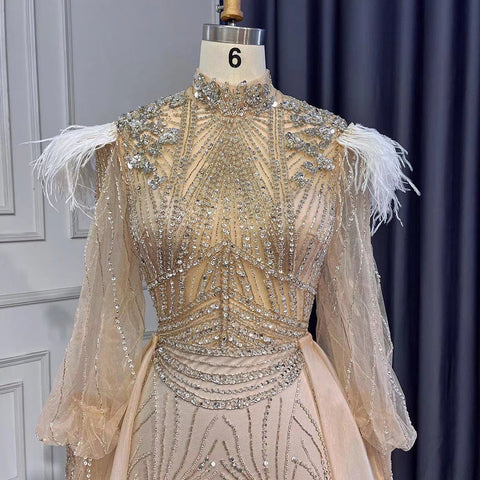 Silver Mermaid Elegant Avond Jurken 2025 Volledige Mouwen Luxe Veren Kralen Voor Vrouwen Party LA71036A