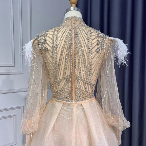 Silver Mermaid Elegant Avond Jurken 2025 Volledige Mouwen Luxe Veren Kralen Voor Vrouwen Party LA71036A