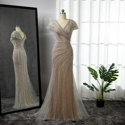 Luxury Silver Nude Mermaid Evening Dresses for Party LA71686